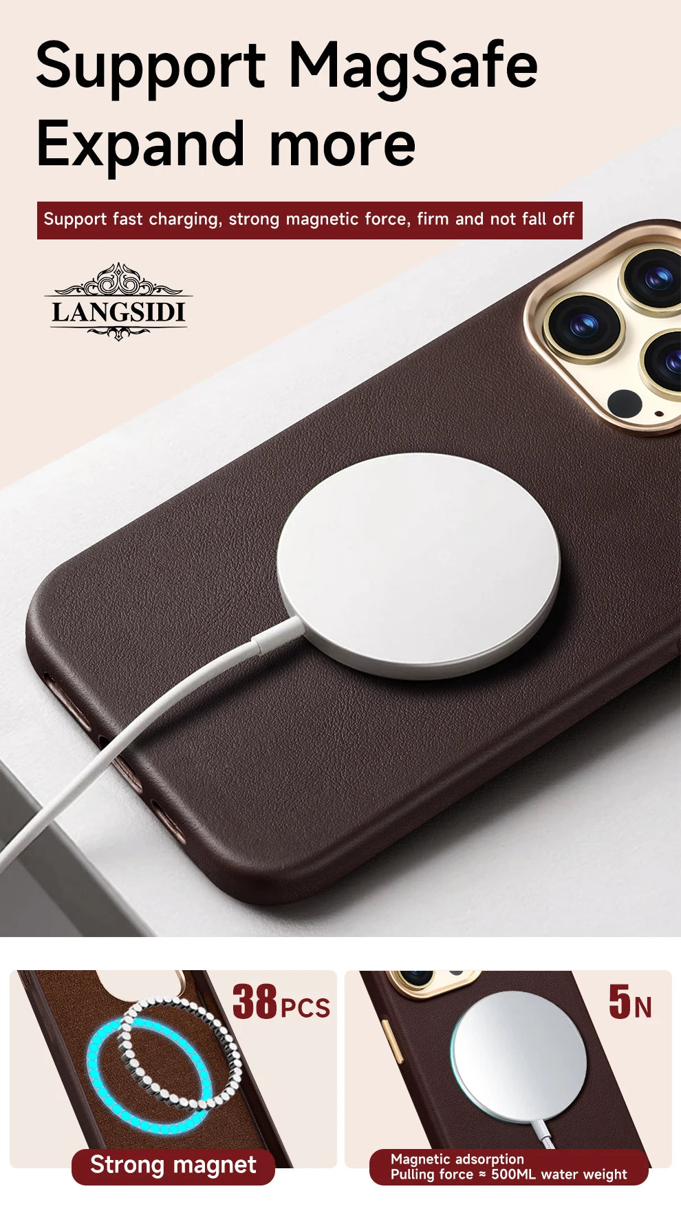 LANGSIDI Original genuine leather Magnetic Phone Case for iPhone 15 14 13 Pro Max 12pro 15pro Wireless Charging Magsafe case