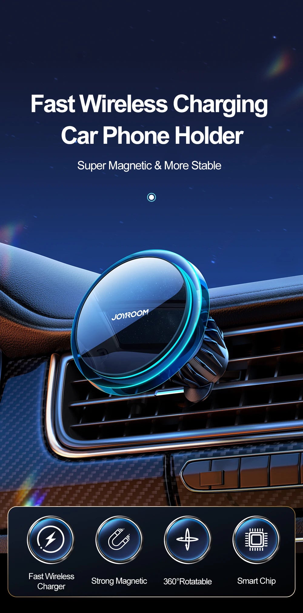 Joyroom Magnetic Car Phone Holder Wireless Charger For iPhone 15 14 13 Pro Max Fast Charging Car Charger Holder With Blue Light