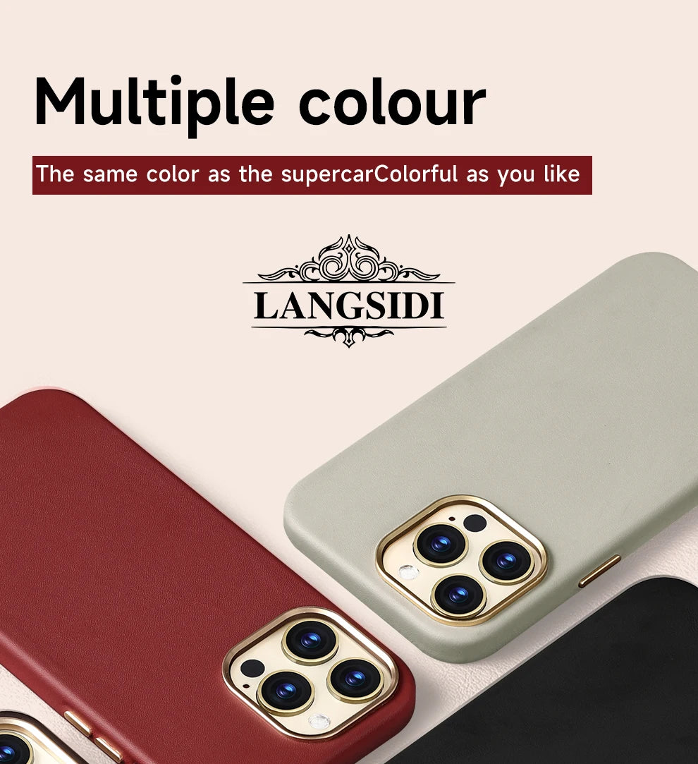 LANGSIDI Original genuine leather Magnetic Phone Case for iPhone 15 14 13 Pro Max 12pro 15pro Wireless Charging Magsafe case