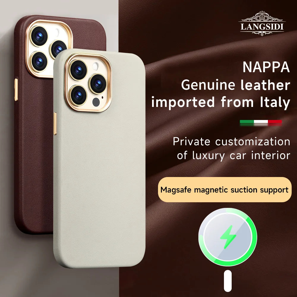 LANGSIDI Original genuine leather Magnetic Phone Case for iPhone 15 14 13 Pro Max 12pro 15pro Wireless Charging Magsafe case