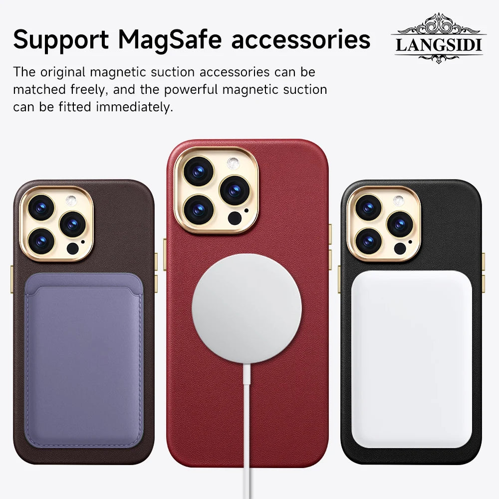 LANGSIDI Original genuine leather Magnetic Phone Case for iPhone 15 14 13 Pro Max 12pro 15pro Wireless Charging Magsafe case