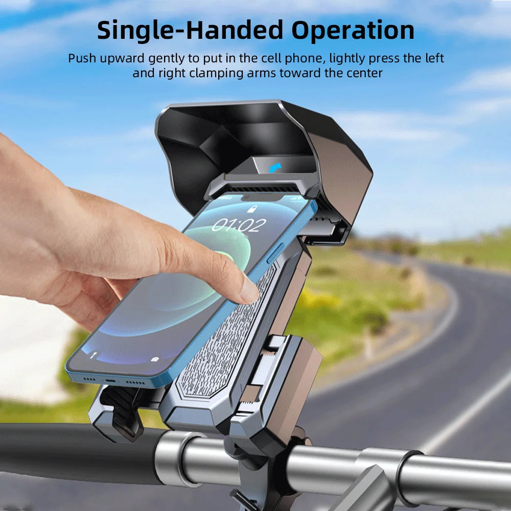 Motorcycle Phone Mount, Anti-Theft Bike Phone Holder, Waterproof Sun Shade, Absorption Handlebar Cell Phone Clamp for Motorcycle